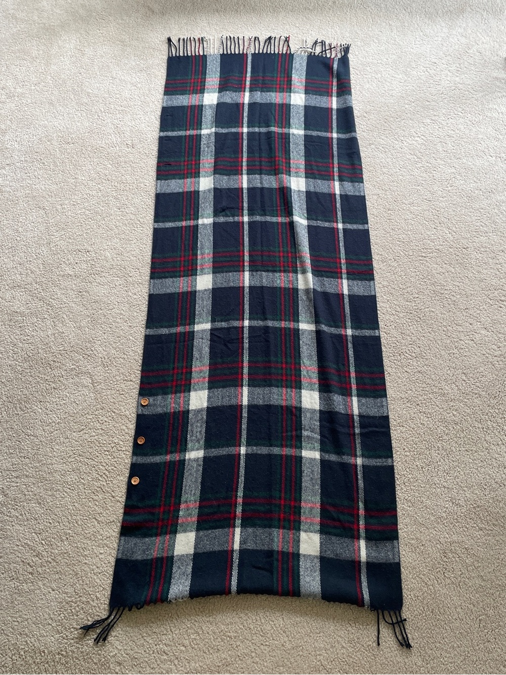 Tartan Plaid Navy and red Button scarf 70” x 27”